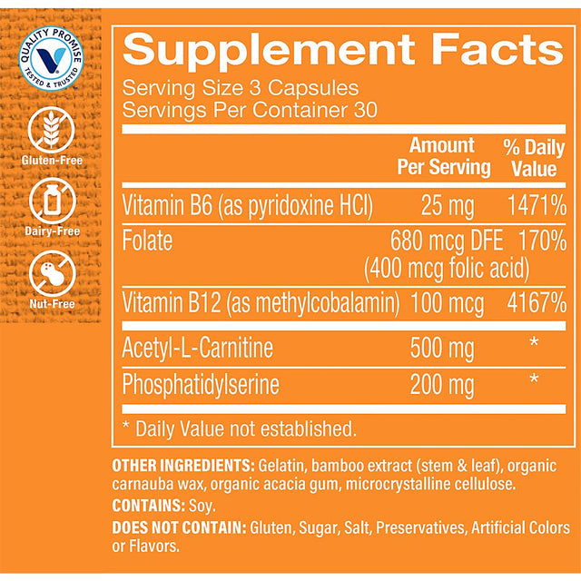 The Vitamin Shoppe Brain Sharp with Acetyl-L-Carnitine, Phosphatidylserine & B Vitamins for Memory, Focus, Energy Production (90 Capsules)