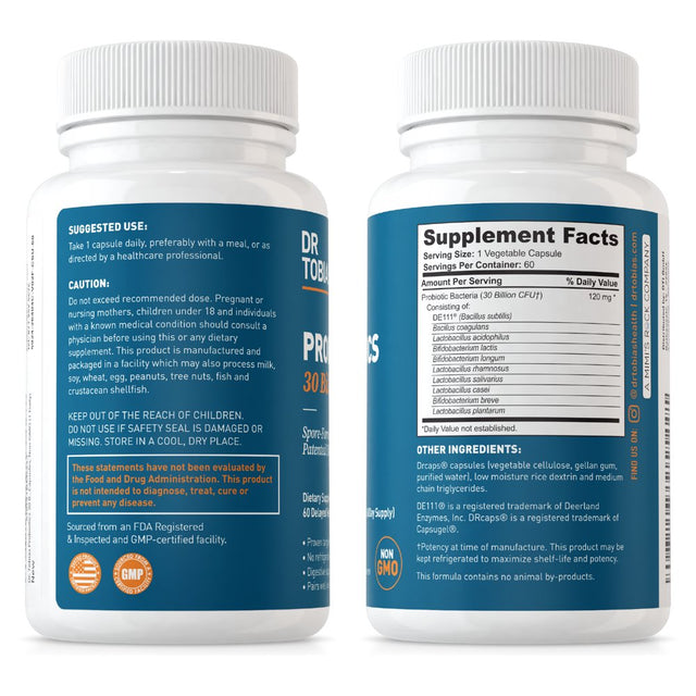 Dr. Tobias Probiotics 30 Billion, 10 Strains, 30 Billion Cfu'S, Targeted Release Probiotics for Digestive Health, Shelf-Stable Probiotics for Women & Men, Non-Gmo, 30 Capsules, 30 Servings