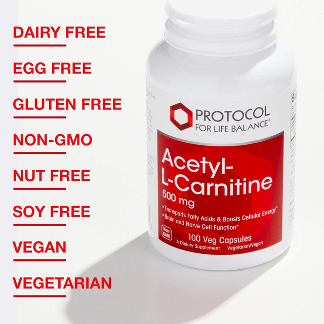 Protocol Acetyl-L-Carnitine 500Mg - Supports Energy, Brain & Mitochondrial Health* - Brain Pills - Amino Acid - Made without Gluten, Non-Gmo, Vegan - 100 Veg Caps