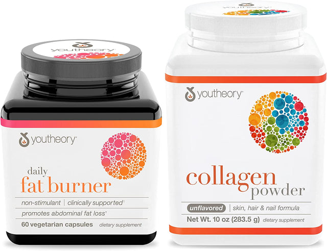 Youtheory Daily Fat Burner Vegetarian Capsules, Healthy Weight Management, 60 Ct, Collagen Powder Unflavored, 10 Ounce Bottle