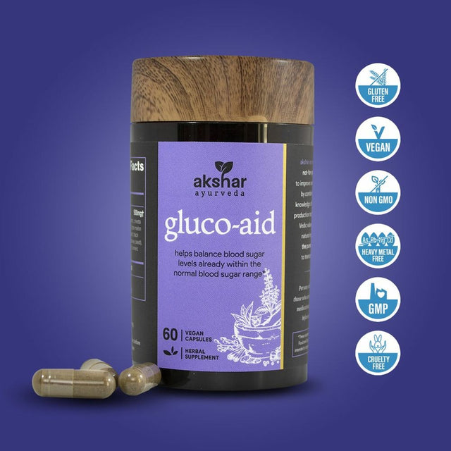 AKSHAR AYURVEDA Gluco Aid Blood Sugar Support Capsules & Overall Health Supplements, 60 Capsules