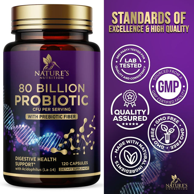Probiotics for Digestive Health - 80 Billion CFU Guaranteed with Strains for Women'S Vaginal & Men'S Urinary Health & Daily Gut Immune Support Nature'S Acidophilus Probiotic Supplement - 120 Capsules