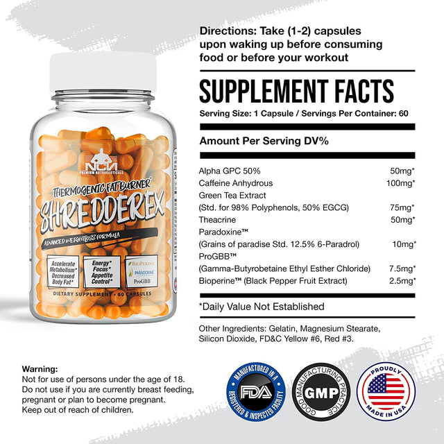 Thermogenic Weight Loss Supplement, SHREDDEREX Fat Burner, Lose Belly Fat for Women, Metabolism Booster for Men, Increased Strength, Focus & Performance 60 Capsules - NCN Supps