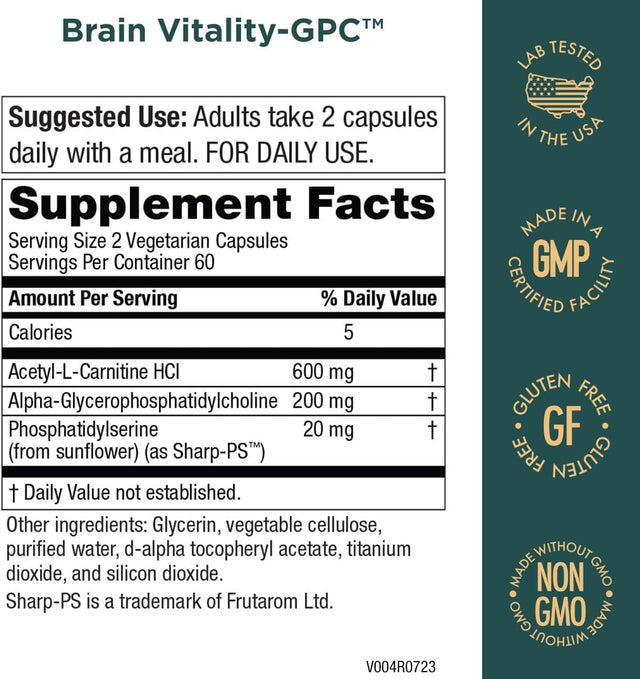 Purity Products Brain Vitality-Gpc Super Formula Acetyl L-Carnitine HCI + Alpha GPC + Phosphatidlyserine - Supports Normal Concentration and Mental Clarity - 120 Caps