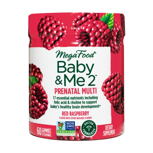 Megafood Baby & Me 2 Prenatal Vitamin Gummies - Prenatal Gummies with Folic Acid & Choline for Baby’S Brain Development & B Vitamins - Non-Gmo, Gluten-Free, Raspberry Flavor - 60 Gummies (30 Servings)