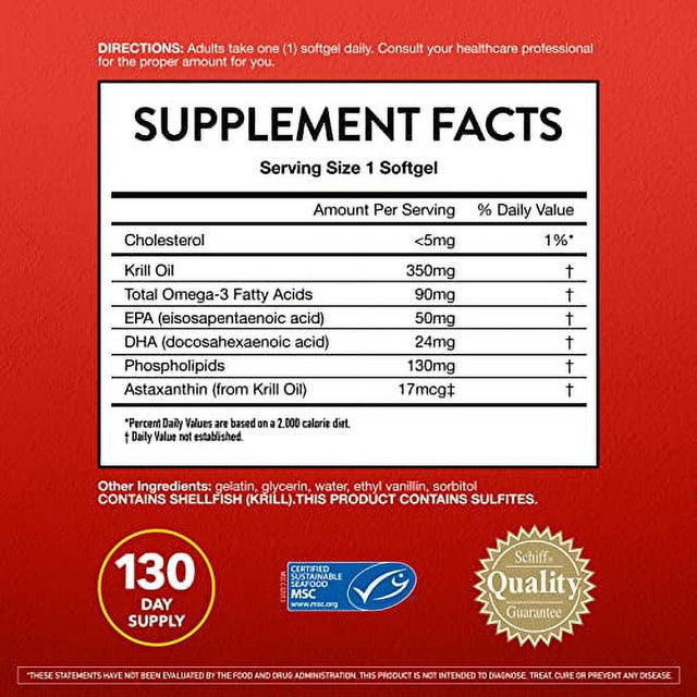 Megared Krill Oil 350Mg Omega 3 Supplement with EPA, DHA, Astaxanthin & Phopholipids, Supports Heart, Brain, Joint and Eye Health, No Fish Oil Aftertaste - 130 Softgels (130 Servings)