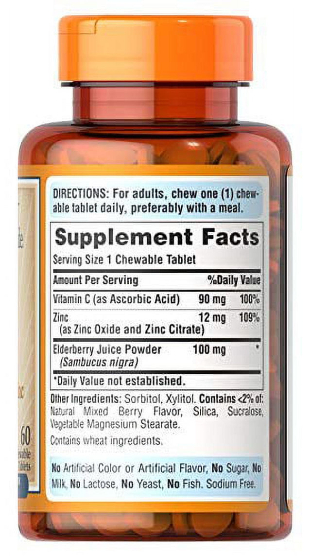 Puritan'S Pride Vitamin C with Elderberry & Zinc for Immune System Support, Chewables, 60 Count (Pack of 1)
