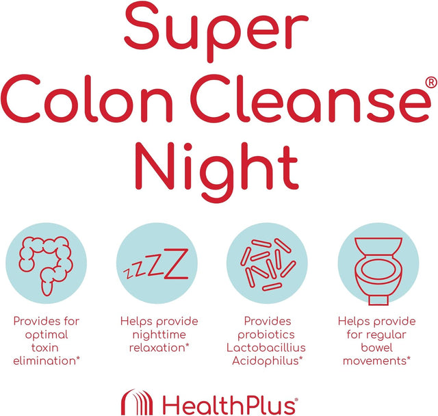 Health plus Super Colon Cleanse Night Formula Digestive Support | Constipation Relief to Reduce Bloating with Probiotics and Valerian Root for Sleep | More than 1 Cleanse, 60 Capsules
