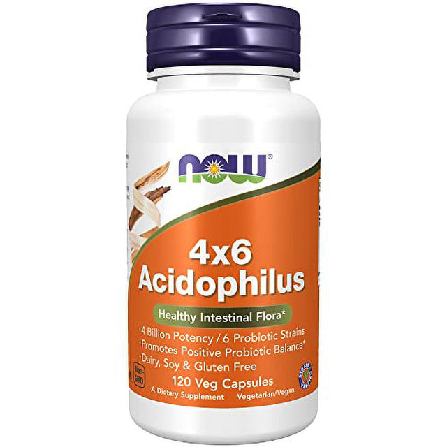 NOW Supplements, Acidophilus 4X6, 4 Billion Potency with 6 Probiotic Strains, Strain Verified, 120 Veg Capsules