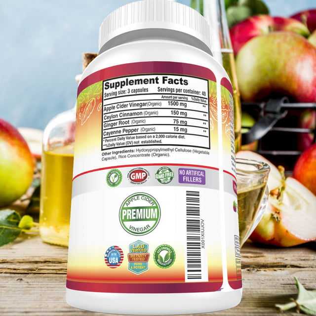 Premium Apple Cider Vinegar Pills Max 1740Mg with Mother - 100% Natural & Raw with Cinnamon, Ginger & Cayenne Pepper - Ideal for Healthy Blood Sugar, Detox & Digestion-120 Vegan Capsules
