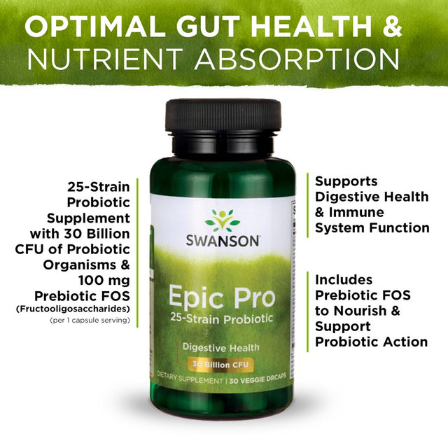 Swanson Epic Pro 25-Strain Probiotic Vegetable Capsules, 30 Billion Cfu, 30 Count