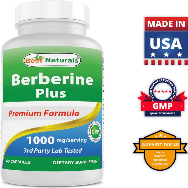 Best Naturals Berberine plus 1000 Mg per Serving 60 Capsules | Berberine HCL Extract Helps Support Healthy Blood Sugar Levels, Digestion & Immunity (Total 60 Capsules)