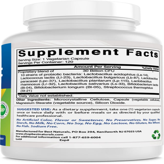 Best Naturals Probiotic 10 Strains & 30 Billion CFU Intestinal Flora 60 Vegetarian Capsules | Shelf Stable Probiotic