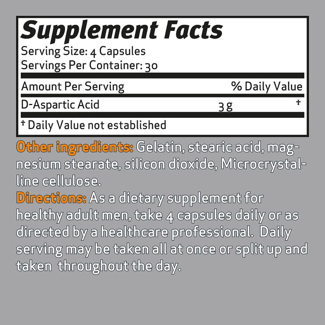 Performance Edge DAA D-Aspartic Acid 3G Daily Dose 30 Day Supply, 120 Capsules