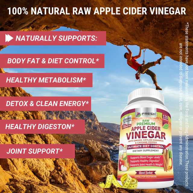 Premium Apple Cider Vinegar Pills Max 1740Mg with Mother - 100% Natural & Raw with Cinnamon, Ginger & Cayenne Pepper - Ideal for Healthy Blood Sugar, Detox & Digestion-120 Vegan Capsules