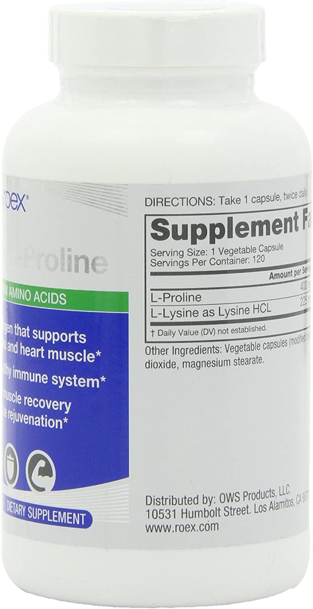 Roex Vitamins | L-Lysine | L-Proline | Muscle Maintenance and Recovery | Healthy Joints | Nutritional-Supplement | 120 Count