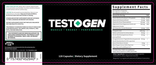 Testogen Testosterone Booster - Muscle, Energy, Performance - Maximum Strength Formula for Men