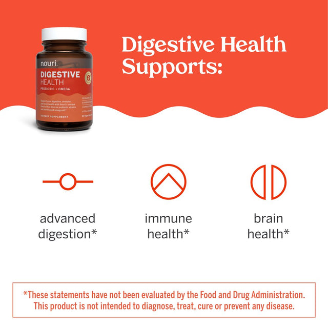 Nouri Digestive Health Probiotic with Omega for Digestion, Immune, and Brain Health, 30 Day Supply