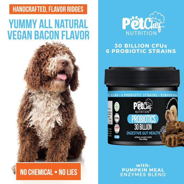 Pet Chef Nutrition Probiotic Soft Treats for Dogs | Digestive Gut Health, Gas & Bloating, Constipation, Diarrhea & Upset Stomach | Premium Chewable Treats for Pets - All Ages & Sizes - 140 Ct (Bacon)