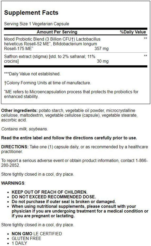 Life Extension FLORASSIST® Mood Improve - Probiotic & Saffron Blend Enhances Mood & Mental Outlook - Gluten-Free, Non-Gmo - 30 Vegetarian Capsules