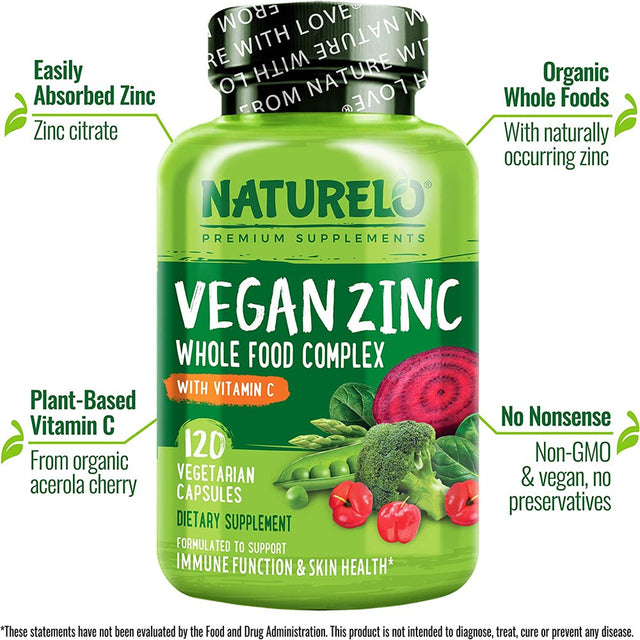 NATURELO Vegan Zinc Whole Food Complex Supplement with Vitamin C for Immune Support and Healthy Skin, Hair, and Nails - 120 Capsules