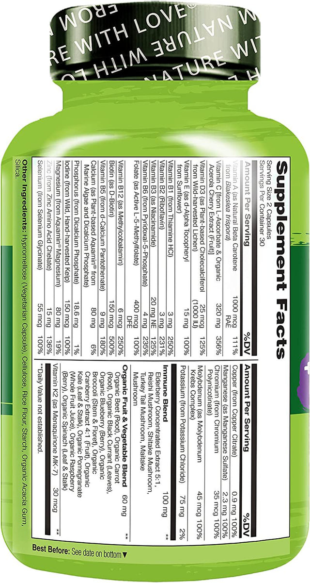 NATURELO Whole Food Multivitamin with Immune Support - 60 Vegan Capsules