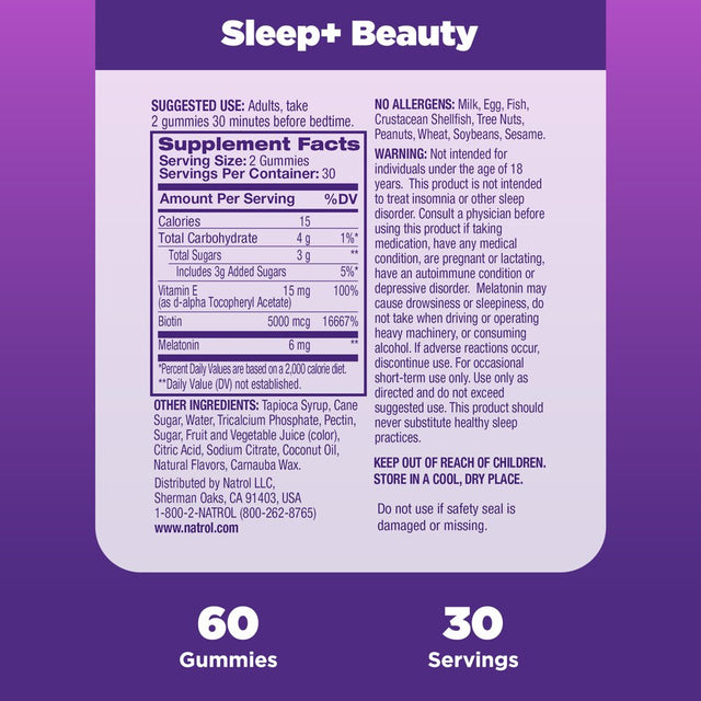 Natrol Sleep+ Beauty Gummies, Skin, Hair, Nails Support, Raspberry, 60 Count