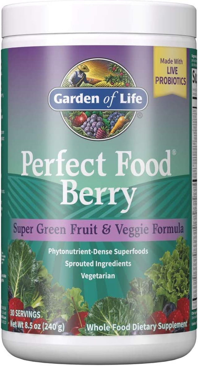 Garden of Life Perfect Food Berry Super Green Fruit & Veggie Formula - 30 Servings, 49 Superfoods Greens, Sprouts, Fruits, Veggies, Probiotics, Spirulina, Vegetarian Juice Superfood Powder Supplement