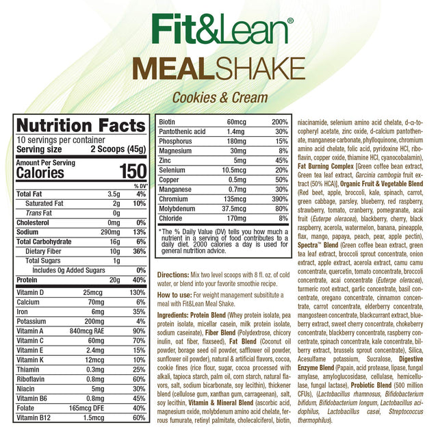 Fit & Lean Meal Shake, Fat Burning Meal Replacement, Meal Replacement with Protein, Fiber, Probiotics and Organic Fruits & Vegetables, Cookies and Cream, 1Lb, 10 Servings per Container