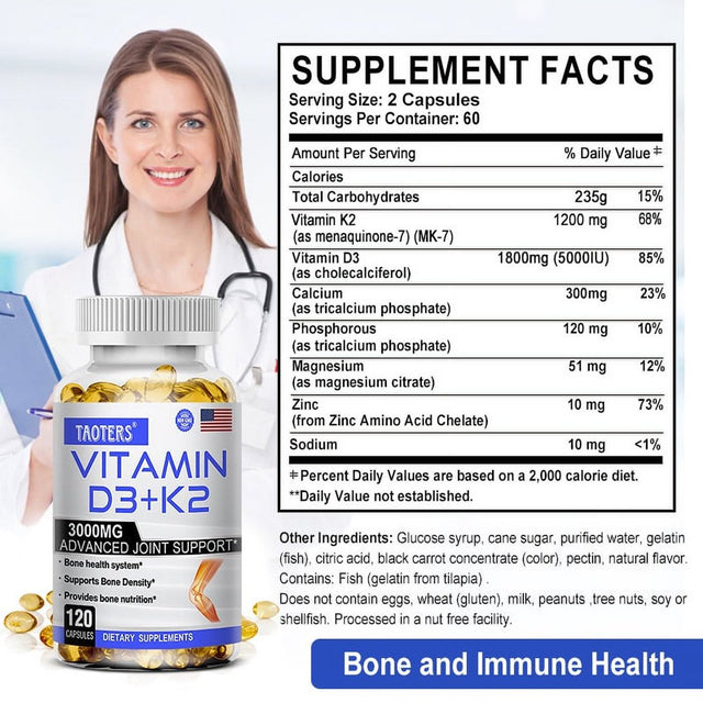 TAOTERS Vitamin K2 (MK7) with D3 Supplement to Support Joint, Bone, and Immune Health Non-Gmo Formula Easy-Swallow Vitamin D and K Complex.