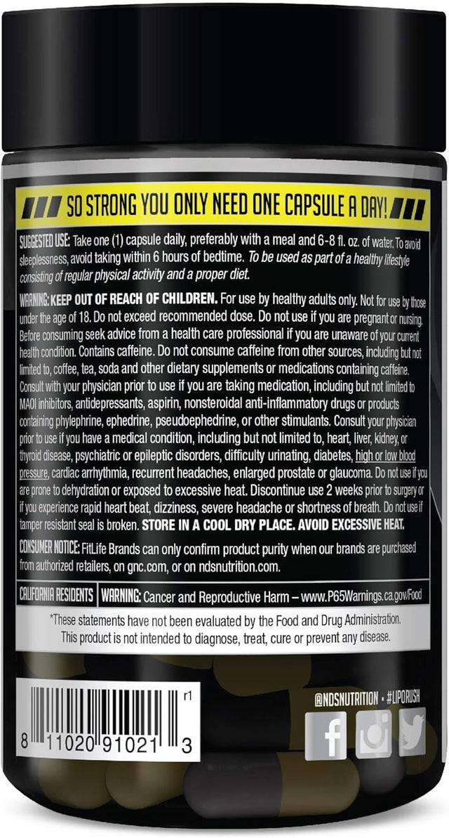 LIPORUSH NDS Nutrition XT - Super Concentrated Thermogenic with L-Carnitine & Teacrine for Shredding Fat - Supports Maximum Energy, Focus, Calorie Burning, Diuretic, Appetite Control (60 Capsules)