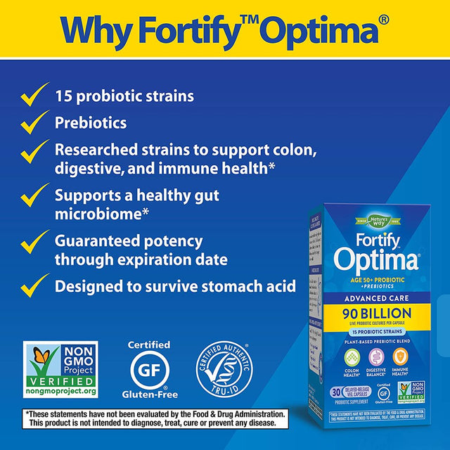 Nature’S Way Fortify Optima Age 50+ Daily Probiotic + Prebiotic, 90 Billion, 15 Strains, 30 Capsules