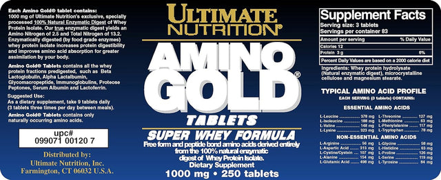 Ultimate Nutrition Amino Gold Tablets- Branch Chain Amino Acids Supplement for Muscle Building, Workout Recovery, Lean Muscle, and Athletic Performance- Whey Protein Isolate, 250 Tablets