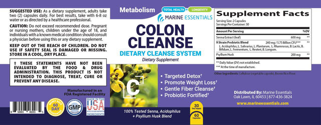 Marine Essentials - Colon Cleanse Dietary Supplement - 9 Strain Probiotic Blend, Senna Leaf Extract + Psyllium Husk