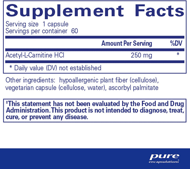 Pure Encapsulations Acetyl-L-Carnitine 250 Mg | Memory Supplement for Brain, Focus, and Calmness* | 60 Capsules