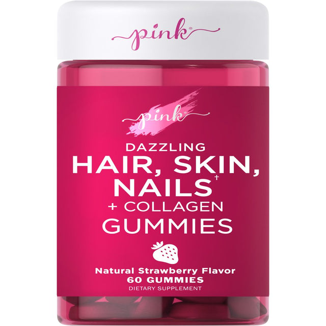 Pink Hair Skin Nails Gummies | 60 Count | plus Collagen | Vitamins for Women | Strawberry Flavor