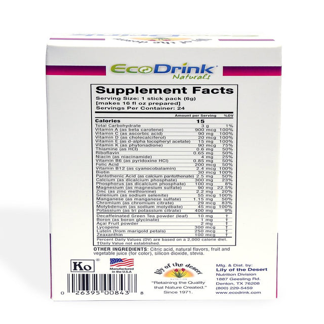 Lily of the Desert Ecodrink Naturals Multivitamin Powder Stick Packs, Mixed Berry, 24 Ct