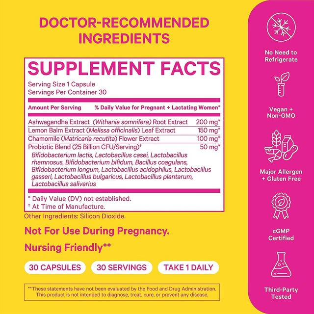 Pink Stork Postpartum Probiotics for Women with Ashwagandha and Chamomile, 30 Capsules