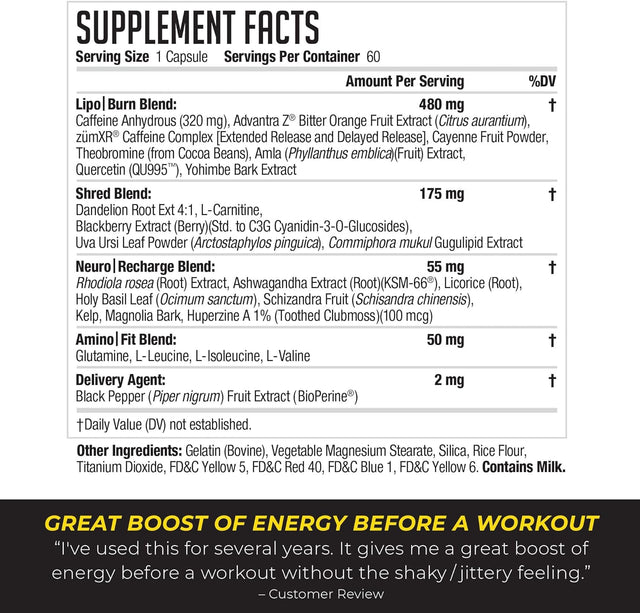 LIPORUSH NDS Nutrition XT - Super Concentrated Thermogenic with L-Carnitine & Teacrine for Shredding Fat - Supports Maximum Energy, Focus, Calorie Burning, Diuretic, Appetite Control (60 Capsules)