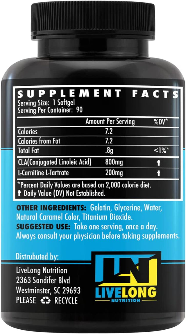 Cla+Carnitine High Potency, Non Stimulant Weight Loss Supplement, Conjugated Linoleic Acid, L-Carnitine Metabolic Enhancer, Caffeine Free Fat Burner, Improve Fitness Activity 90 Softgels