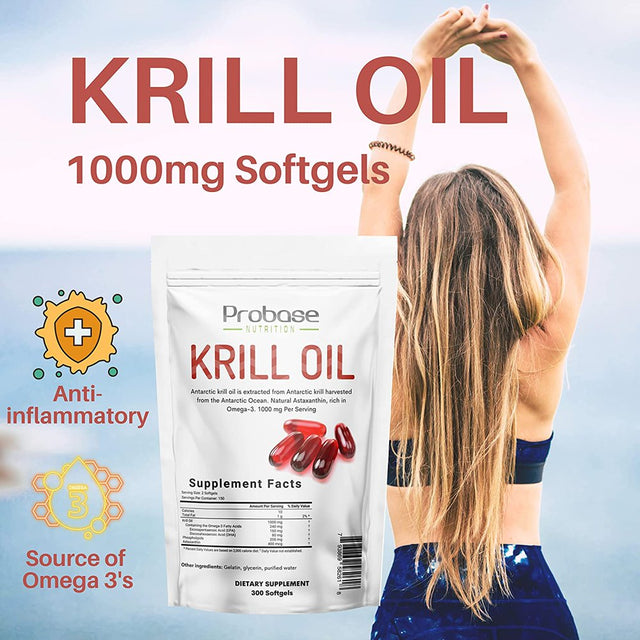 Probase Nutrition Antarctic Krill Oil Supplement, 1000Mg per Serving, 300 Soft-Gels, Rich in Omega-3S EPA, DHA & Natural Astaxanthin, Supports Immune System & Brain Health, Easy to Swallow