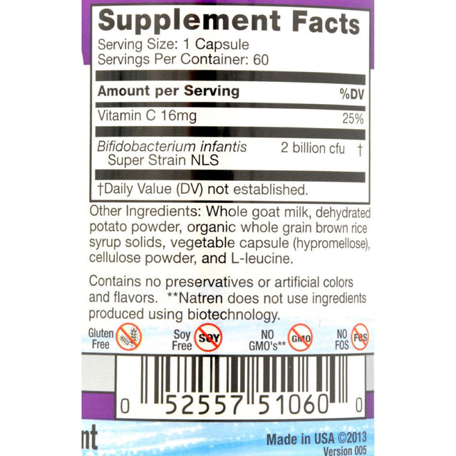 Natren Life Start 2 Goat Milk Formula Probiotic Supplement to Improve Digestion, 60 Capsules