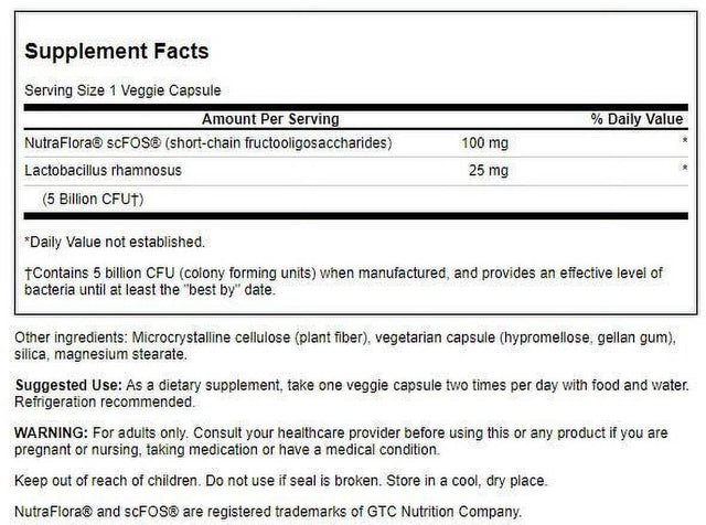 Swanson Lactobacillus Rhamnosus with FOS - Probiotic Supplement Supporting Digestive Health with 5 Billion CFU - Promotes GI Tract Health during Travel - (60 Veggie Capsules)