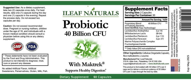 Ileaf Naturals Probiotic 40 Billion CFU with Maktrek® Bypass - 60 Veggie Capsules