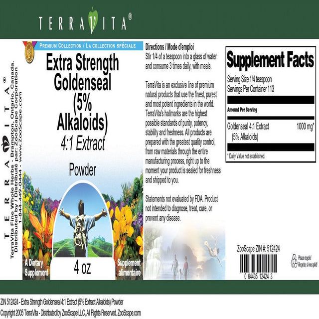 Terravita Extra Strength Goldenseal 4:1 Extract (5% Alkaloids) Powder, (4 Oz, 1-Pack, Zin: 512424)