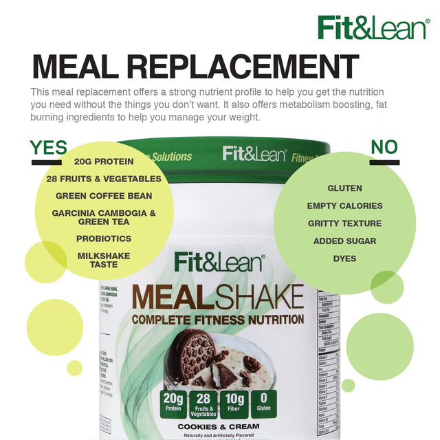 Fit & Lean Meal Shake, Fat Burning Meal Replacement, Meal Replacement with Protein, Fiber, Probiotics and Organic Fruits & Vegetables, Cookies and Cream, 1Lb, 10 Servings per Container
