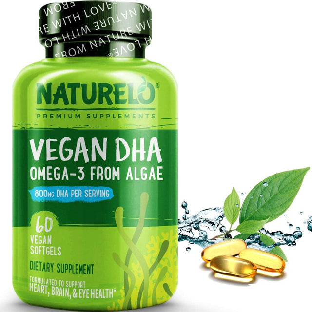 NATURELO Vegan DHA - Omega 3 Oil from Algae - Supplement for Brain, Heart, Joint, Eye Health - Provides Essential Fatty Acids for Women, Men and Kids - Complements Prenatal Vitamins - 60 Softgels