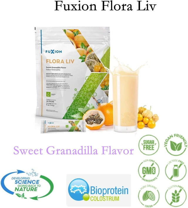 Petseeker Fast Acting Immune Defense-Fuxion Flora Liv,10Bil CFU Active Live Probiotics Formulated W,Prebiotic Fiber from Chicory Inulin for Good Bacteria Self-Regeneration(Sweet Granadilla,28 Sachets)