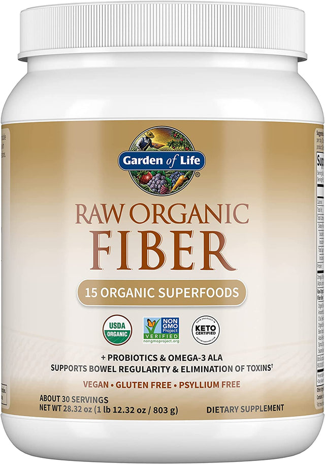 Garden of Life Fiber Supplement, Raw Organic Fiber Powder, 30 Servings, 15 Organic Superfoods, Probiotics, Omega-3 ALA, 4G Soluble Fiber, 5G Insoluble Fiber for Regularity, Psyllium Husk Free Fiber