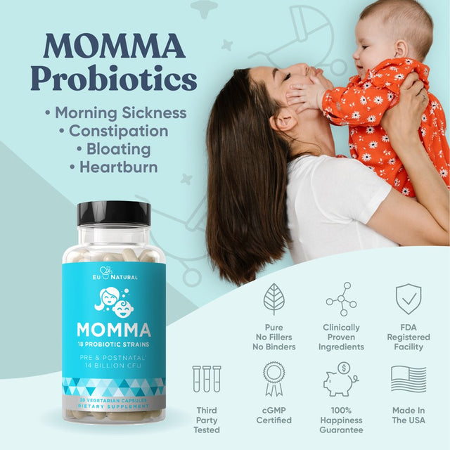 Momma Prenatal Probiotics Mom & Baby – Gut and Digestive Postpartum, Nursing, Morning Sickness Pregnancy Relief – 18 Clinically Proven Strains, 14 Billion CFU, Prebiotic – 30 Mini Vegan Capsules
